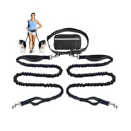 Correa de Perro para Correr sin Manos de Doble para Correr, Caminar, Entrenar, Senderismo, Cuerda Elástica Duradera y Asas Doblemente Acolchadas, con Riñonera para Cinturas de 26" a 47" (Negro)