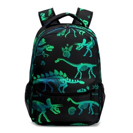 Kwlegh Green Dinosaur Kids Backpack for Boys Girls Dinosaurs Skeletons Kindergarten Preschool Bookbag Elementary School Book Bags Lightweight Toddler Backpacks with Chest Strap