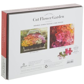 Galison Floret Farm's Cut Flower Garden 500 Piece Double Sided Jigsaw Puzzle, Fun and Challenging Puzzle with Close Up of Colorful Flowers on One Side and Vintage Truck Filled with Flowers on Other