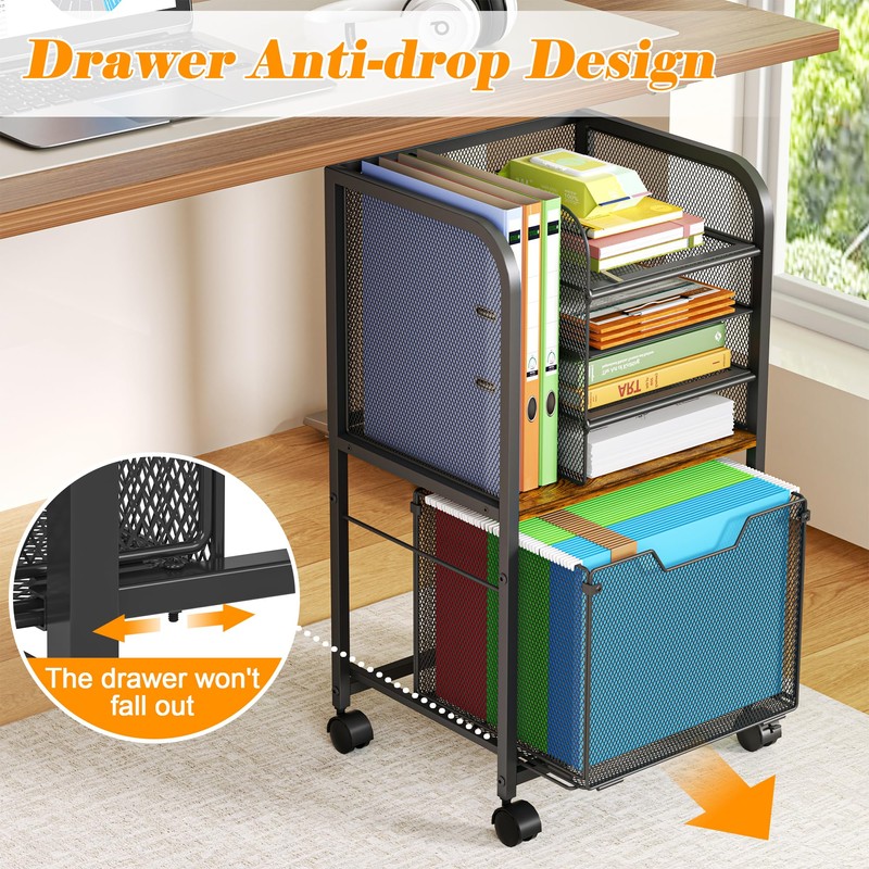 5-Tier Rolling File Cart with Drawers, File Cabinet Organizer for