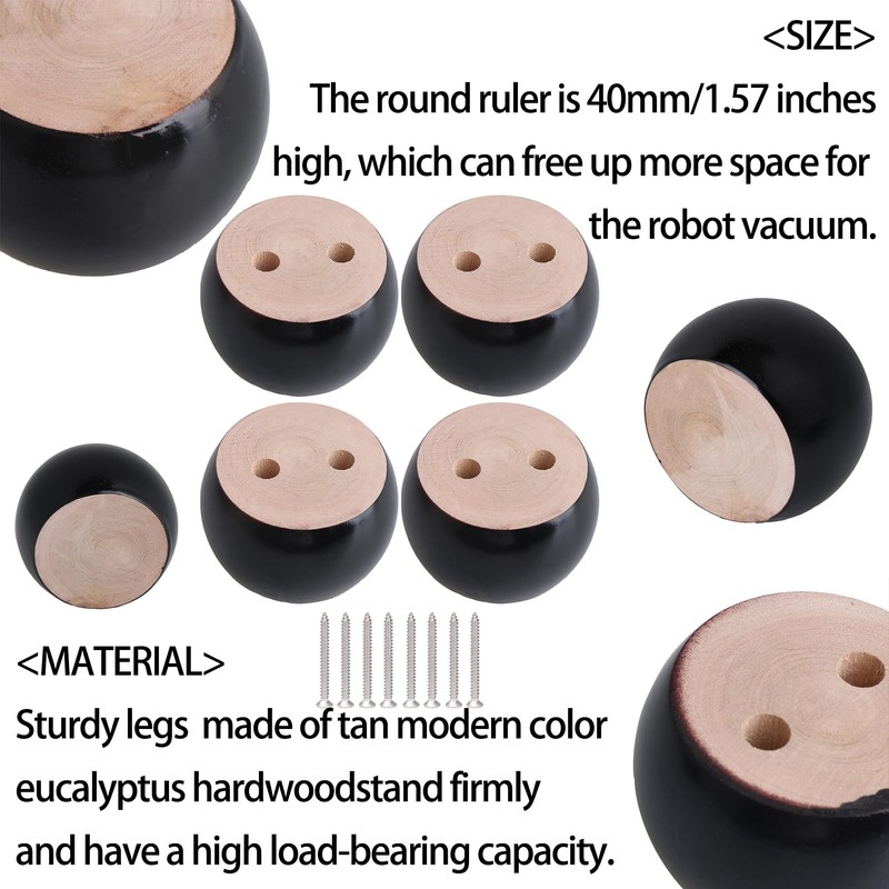 SHANOER 4pcs 40mm Height Black Eucalyptus Wood Round Bun Furniture