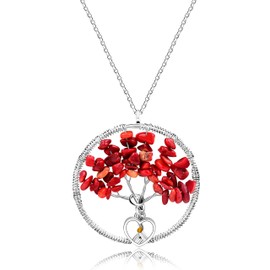 Uloveido Simulated Peridot & Opal Tree Of Life Pendant Necklace Copper Wire Wrapped Birthstone Jewelry for Women Y888 (Red Coral)