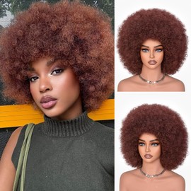 CURLCRAZY Afro Wigs for Black Women 70s Afro Kinky Curly Wig with Bangs Bouncy Huge Fluffy Puff Wigs Synthetic Hair for Cosplay Daily and Party 14Inch