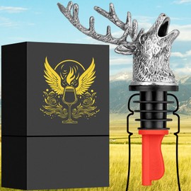DRMFLE Dark Silver Deer Head 2-in-1 Zinc Alloy Wine Pourer & Stopper - Drip-Free, Airtight Seal - Rustic Elegance for Wine Lovers