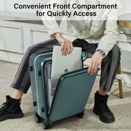 MILADA Wide Handle Luggage with Front Pocket Hardshell Aluminium Check In Suitcase with Wheels Medium 24 Inch Front Opening Checked Luggage with Spinner Wheels TSA Approved Luggage, Blackish Green