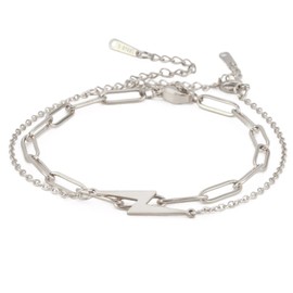 Lightning Bolt Bracelet for Men Women Lightning Flash Thunder Charm Dainty Beaded Bracelets Stainless Steel Layered Chain Bracelets Jewelry Gifts (Double-layered/S)