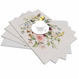 Walmsco Placemats Roses Hydrangeas Plants Watercolor Decor For Dining Room Kitchen Table,Waterproof Non-Slip Washable Heat Resistant Placemats,Set of 4,12"x18"