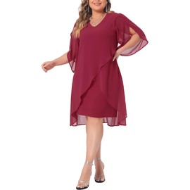 Agnes Orinda Plus Size Chiffon Cocktail Dresses for Women Mesh 2024 Wedding Guest Party Overlay Short Dress 4X Red