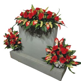 Realistic Artificial Cemetery Flowers - Silk Faux Floral Red Rose and Calla Lily - Bouquet Pair for Grave - Headstone Decoration - Memorial Flowers