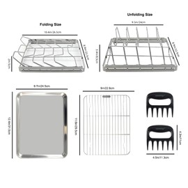 COPOTTEY 5-Piece BBQ Tools Set - Foldable Stainless Steel Rib Rack for Smoking, 2 Meat Shredder Claws, and Stainless Steel Tray, Stainless Steel Rack, Perfect for Grilling, Smoking, BBQ Accessories