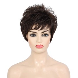 EMMOR Short Black Brown Human Hair Wigs for Women Blend with Healthy Memory Fibre Pixie Curly Wig with Bang, Natural Daily Hair