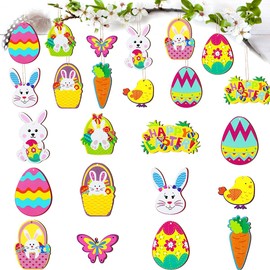 Doyomtoy Wooden Easter Pendants, Pack of 24 Easter Wooden Ornaments Easter Eggs Pendants Children Easter Craft Set for Girls Boys Spring Easter Party