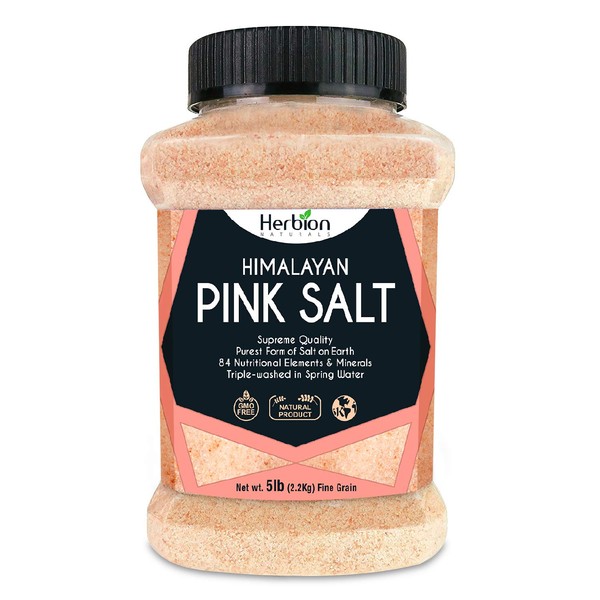 Herbion Naturals Himalayan Pink Salt Jar Fine Grain, GMO Free, Supreme Quality Chemical Free, Vegan, Kosher Certified, Fine Grain All-Natural Salt, Triple-Washed in Spring Water, 5 lbs