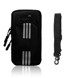 AfitLulu Running Phone Holder, Waterproof Double-Sided Zipper Running Arm Band with Headphone Jack and Reflective Strip, Cell Phone Purse with Detachable and Adjustable Shoulder Strap (Black)