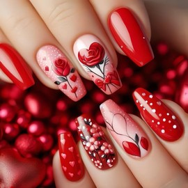 Valentines Press on Nails Medium Coffin OFDNE False Nails with Rose Flower Heart Designs Red Fake Nails Full Cover Glossy Glue on Nails Valentine's Day Stick on Nails for Women Girls 24 Pcs