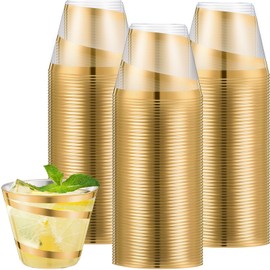 Gejoy 9 oz Rimmed Swirl Plastic Cups Disposable Wine Drinking Cups Clear Elegant Wedding Tumblers for Engagement Single Party Supplies(Gold)