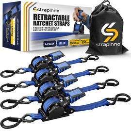 Strapinno Retractable Ratchet Straps 1 in x 10 ft, Secure Tie-Downs with Rubber-Coated Steel Handles, for Motorcycle, Jetski, Kayak, Breaking Strength 1,500LBS/680KG