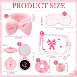 Honeydak 48 Pcs/ 8 Set Pink Bow Coquette Party Favors for Sleepover Spa Party Supplies Trip Weekend Girls Gifts, Folding Hairbrush with Mirror Eye Mask Headband Wristband Scrunchie Makeup Bag