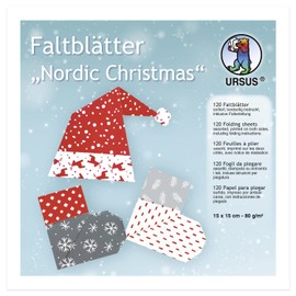 Ursus Nordic Christmas 38075599F Folding Sheets Approx. 15 x 15 cm 120 Sheets Square Folding Paper with 10 Different Christmas Motifs, Printed on Both Sides, Colourful