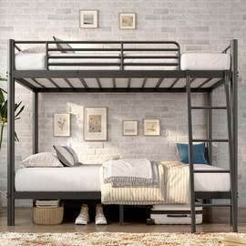 soges Twin Over Twin Metal Bunk Bed with Ladder & Guardrail, Heavy Duty Metal Bed Frame for Teens Adults, Black