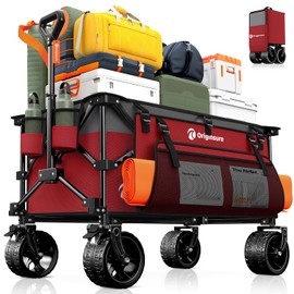 Originsure 220L Collapsible Wagon Cart Foldable, 460LB Load Capacity Heavy Duty Folding Beach Wagons with Big All-Terrain Wheels, Utility Carts for Groceries, Shopping, Camping, Sports - Grey&Burgundy