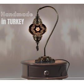 DEMMEX Turkish Moroccan Mosaic Table Lamp – Handcrafted Tiffany-Style Colorful Glass Swan Neck Bedside, Desk, Table Light, Boho Artisan Accent Lighting for Bedroom or Living Room – 15" H, Black White