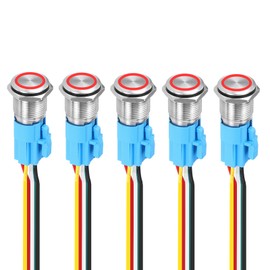DMiotech 5 Pack 16mm / 5/8" Stainless Steel Latching Push Button Switch Flat Head 5A 12-24V Silver Shell 5 Pin with Cable Socket Red Ring LED 1NO1NC for Car Boat Systems Custom Setups