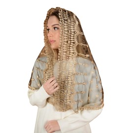 Maria Veils Catholic Mantilla Mass Infinity Veil Church Lace Veil Spanish Chapel Mass Head Covering Veil Long (Gold/Black)