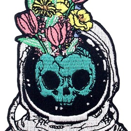 Space Man Skull Astronaut with Flowers Patch Embroidered Applique Badge Iron On Sew On Emblem