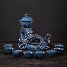 Ceramic Teapot with Infuser Semi Automatic Tea Set Magic Teapot with 8 cups Gradient Color (Blue Dragon- C)