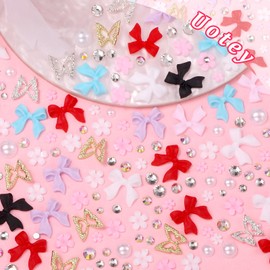 3D Bow Nail Charms and Rhinestones, Color Acrylic 3D Nail Bows Butterfly Nail Charms, Bows Blossom Flowers Nail Charms and Gems for Acrylic Nails Y2K DIY Nail Art Accessories