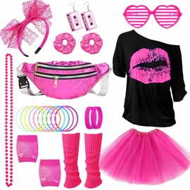 Pack of 26 Costume 80s Accessories Evening Wear Disco Neon 90s T-Shirt Tutu Bracelet Waist Bag Glasses Bracelet Necklaces Leg Warmers Outfit Year Party Carnival Women