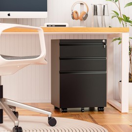 Oakcloud 3 Drawer Moveable File Cabinet for Home Office, Mobile Filing Cabinet with Wheels, Roller Metal Vertical File Storage Cabinet for A4/F4/Letter/Legal Size, Easy Assemble (Mobile-Black)
