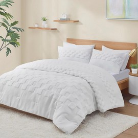 Urban Habitat King Size Comforter Set Cal King Comforter Sets Luxury Chic Bedding Set Winter Warm All Season Textured Chenille Clipped Checkered Design Cover King California King Off White 3 Piece