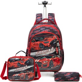 Egchescebo Kids Rolling Cars Backpack for Boys Trolley Suitcases Luggage Travel with Wheels Bookbag Wheeled 17" 3PCS Roller Backpacks Toddler Tote Bag Back Pack School Bags Set Elementary Red