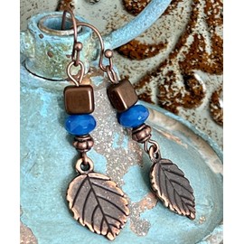 Copper Leaf and Blue Crystal Dangle Earrings. Jewelry Earrings for Women #3298FE3343