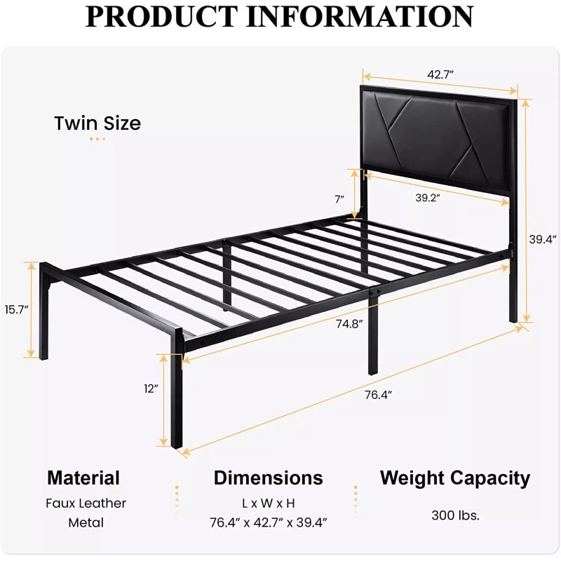 Lov4ever Metal Bed Frame with Geometric Litchi Grain Leather Headboard,
