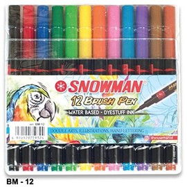 Snowman BM Premium Brush Marker Pen with Brush Tip and Water-based Dyestuff Ink for Doodle Arts, Illustrations, Hand-Lettering (12 Colors)