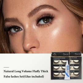Lashes False Eyelashes, Fluffy Eyelash Strip Lash Wispy Volume Handmade Lashes, 6 Pairs 3D Thick Long Fake Lashes with Glue, Natural Cross Fake Eye lashes for Daily and Party
