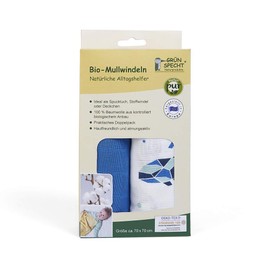 GRÜNSPECHT Organic Muslin Nappies 70 x 70 cm 100% Cotton (kbA) Burp Cloths, without Optical Brighteners, Skin-Friendly and Absorbent, Pack of 2, Blue and Sea Animals (690-V2)