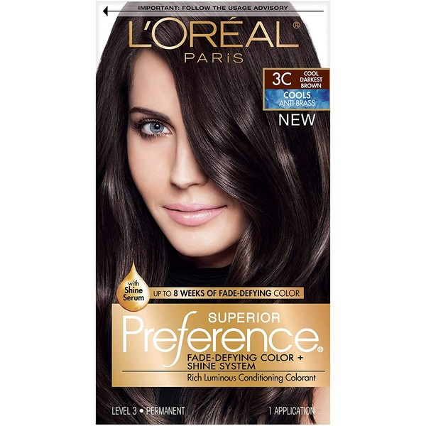 L'Oreal Paris Superior Preference Fade-Defying + Shine Permanent Hair Color, 3C Cool Darkest Brown, Pack of 1, Hair Dye