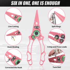 YUMEOWL Lockable Fishing Pliers & Hook Removers with Tungsten Steel Cutters, Non-Stick Coating, Ergonomic Handle and Lost Rope,Sheath - Lightweight, Multi-Function Fishing Gear, Pink 6.6" 3.8 oz
