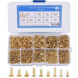 1080 Pieces Small Self-Tapping Screws, M2/M2.5/M3 Wood Screws, 6 mm/8 mm/10 mm Flat Head Cross Head Tapping Screws Set for Office Equipment, Wooden Furniture (Gold)
