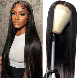 ENZEGONGYI Glueless HD Lace Front Wigs Human Hair Pre Plucked Bleached Knots with Baby Hair 180 Density 4x4 Straight Lace Closure Wigs for Black Women Natural Black Color (Natural color, 26 Inch)
