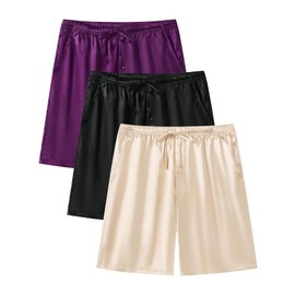 SWOMOG 3 Pack Satin Boxers for Men Silk Boxers Drawstring Pajama Short with Pockets Lounge Sleeping Short Botton Pj Bottoms