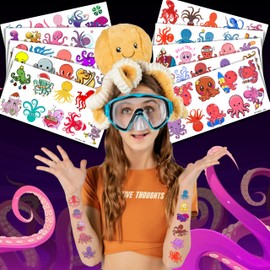 Octopus Temporary Tattoos Stickers Themed Ocean Birthday Party Decorations Decor Supplies 100PCS Cute Colorful Under The Sea Animals Tattoo Sticker Gifts for Boys Girls School Prizes Carnival Holiday