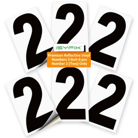 iSYFIX Black Vinyl Number 2 (Two) Stickers - 6 Pack 3 inch - Premium Decal, Reflective Background, Pre-Spaced for Mailbox, Signs, Window, Door, Cars, Truck, Home, Business, Address, Indoor & Outdoor
