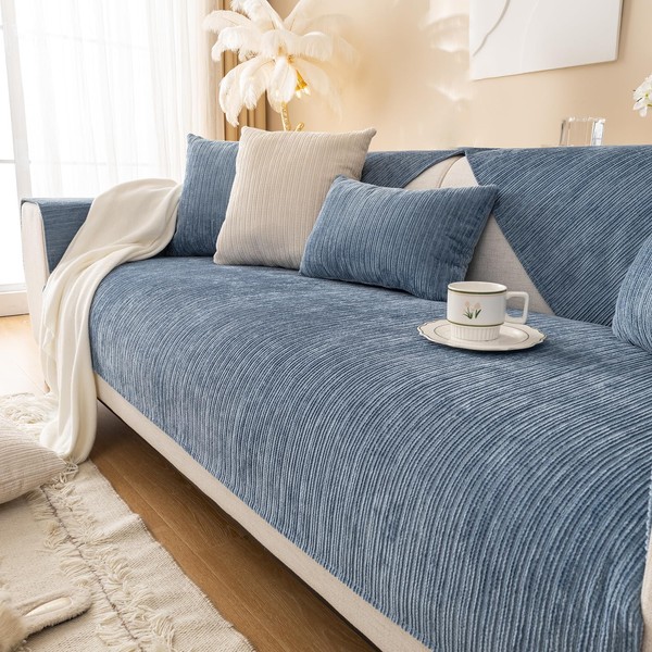 Solid Striped Textured Chenille Sofa Covers, Simple Anti Scratch Couch