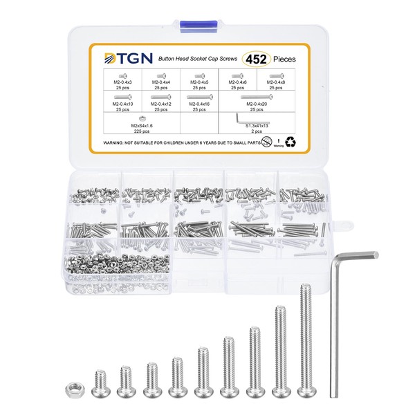 DTGN 452Pcs M2-0.4x3/4/5/6/8/10/12/16/20mm Button Head Socket Cap Screws - 304
