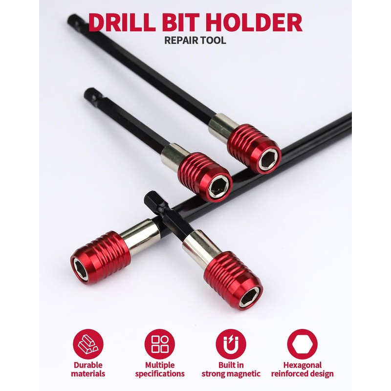 4 Pcs Red Drill Bit Extension Set, 1/4 Inch Magnetic